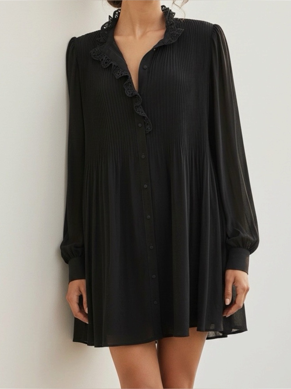 SÉZANE Camelia Long Sleeve Mini Dress, Black, FR42/US10
